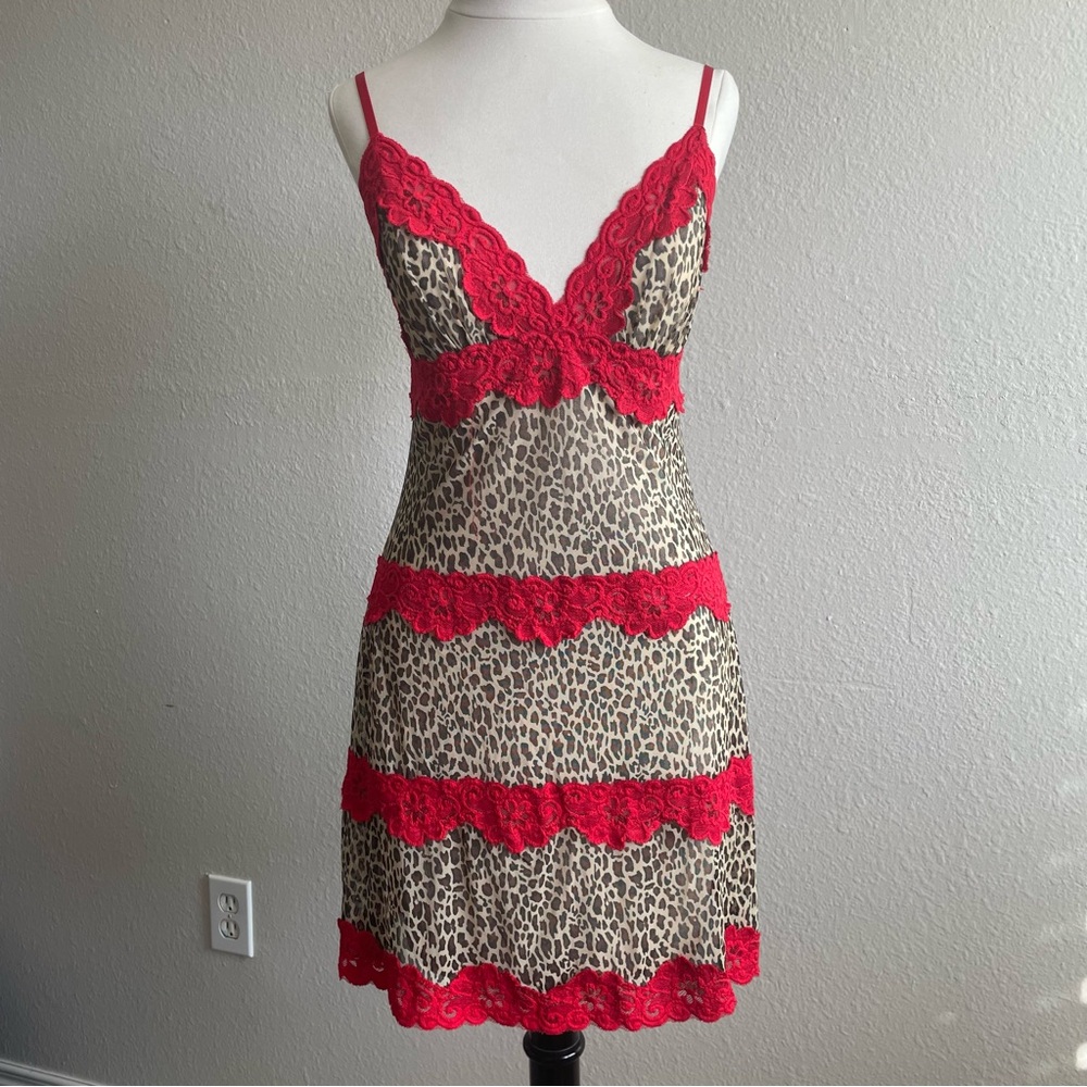 Rampage Leopard Print Mesh Slip Dress with Red Lace Accents